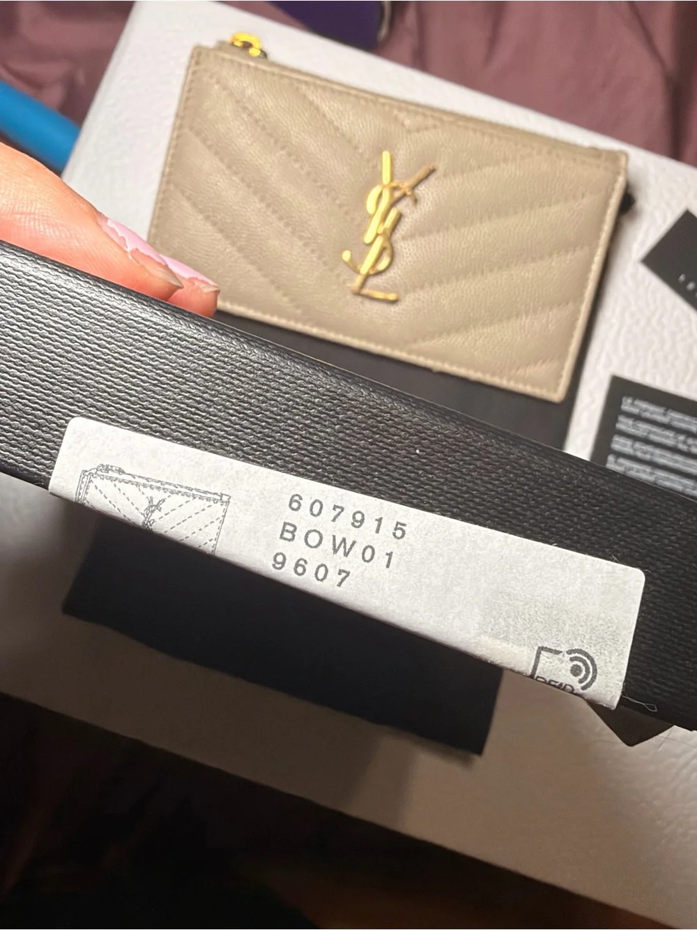 Saint Laurent Beige Quilted Leather Card Case with Gold YSL Logo
